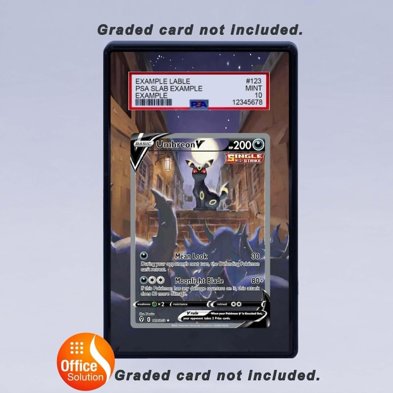 May include: A graded card in a black case featuring an Umbreon V Pok&eacute;mon card. The card has a black and yellow design with the text "Umbreon V" and "Moonlight Blade". The case has a label with example information.