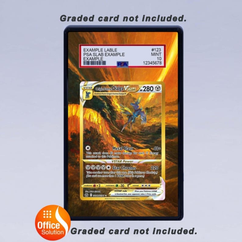 May include: A gold-colored trading card featuring a blue and gold illustration of a creature, encased in a black holder. The card has text including "Dialga VSTAR" and "Metal Blast". The holder has a label with text and a PSA logo.