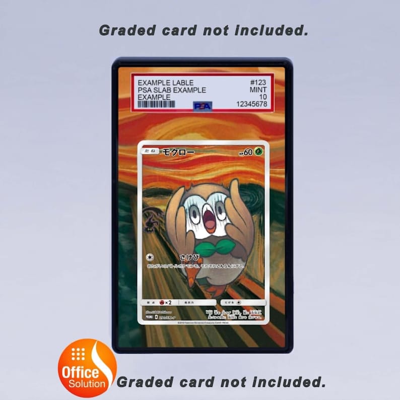 May include: A graded card holder with a Pokemon card inside. The card features an owl-like character with a green bow tie, set against a background reminiscent of a famous painting. The holder has a black frame and includes example labels.