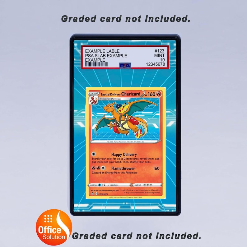 May include: A graded card holder with a Pok&eacute;mon Charizard card inside. The card features a cartoon dragon with orange and yellow coloring. The holder has a label with text and numbers. The text "Graded card not included" is at the top and bottom.