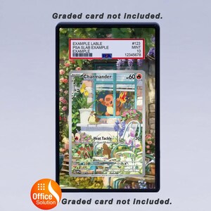 May include: A graded Pok&eacute;mon card in a protective case, featuring a Charmander card with a garden illustration. The card has "Heat Tackle" and a 30 value. The case includes a label with text and a barcode.
