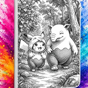 May include: A rectangular binder featuring a black and white line art illustration of a small creature wearing a hooded costume resembling a larger creature, both walking through a forest path with trees and berries, set against a rainbow paint splash.