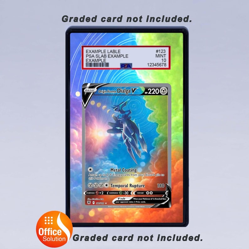 May include: A framed Pok&eacute;mon trading card featuring Dialga V, with a blue and silver illustration. The card is graded and labeled with a PSA slab example. The frame has a colorful background and the text "Graded card not included."