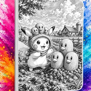 May include: A white binder featuring a black and white ink-style illustration of a character wearing a hat resembling three small creatures, standing near three similar creatures in a field with a farmhouse and silo in the background, set against a rainbow splash.