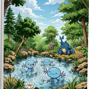 May include: A vertical illustration featuring a blue beetle-like creature on a grassy bank beside a pond. Three light blue axolotl-like creatures with pink gills are swimming in the water. A white water lily blooms in the foreground.