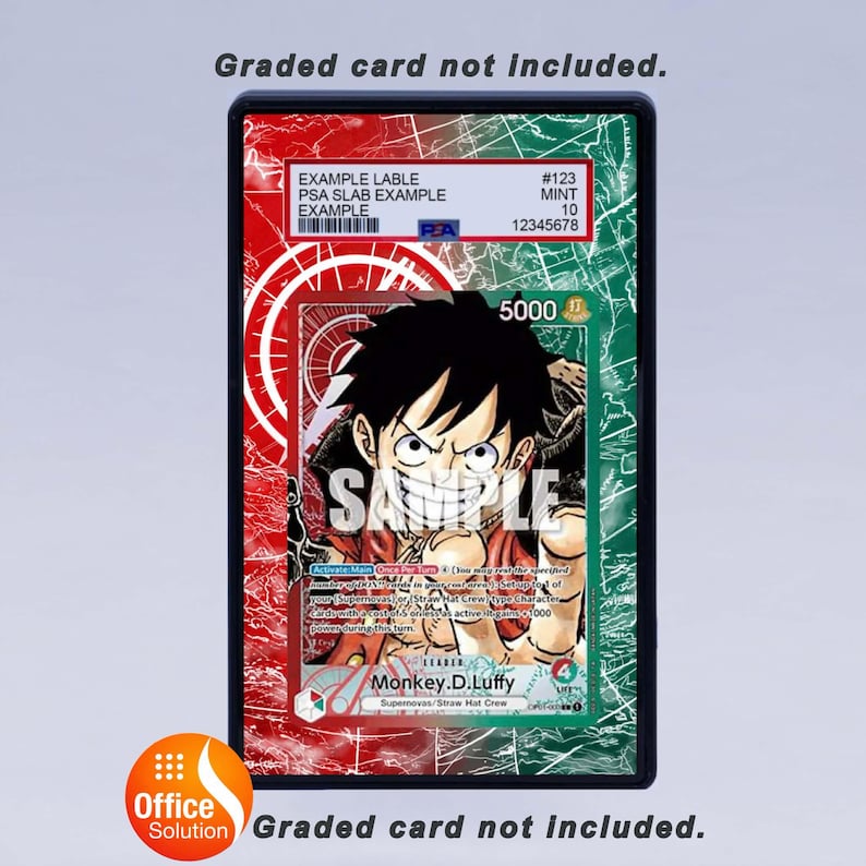May include: A graded card holder with a red and green border, featuring a card with a cartoon character illustration. The card has the word "SAMPLE" printed on it. The holder includes text such as "EXAMPLE LABLE" and "MINT 10".