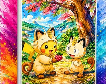 Poncho Pikachu with Meowth Color Printed Ringless Zipper 4-9-12 Slot Pocket Binder Pokemon