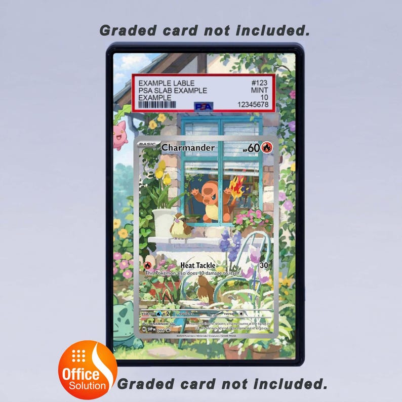 May include: A graded trading card featuring a Charmander illustration, set against a window scene with flowers and greenery. The card is encased in a protective slab with example labels and a PSA grade.