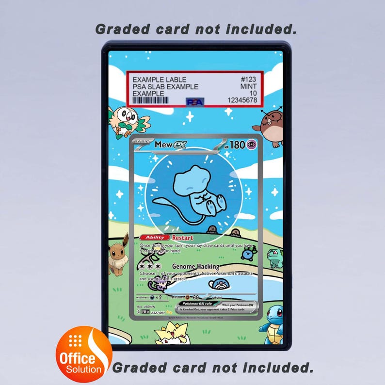 May include: A black framed card holder with a Pokemon trading card inside. The card features a blue Mew ex character with the text "Mew ex" and "180". The card holder has a PSA label with example information.