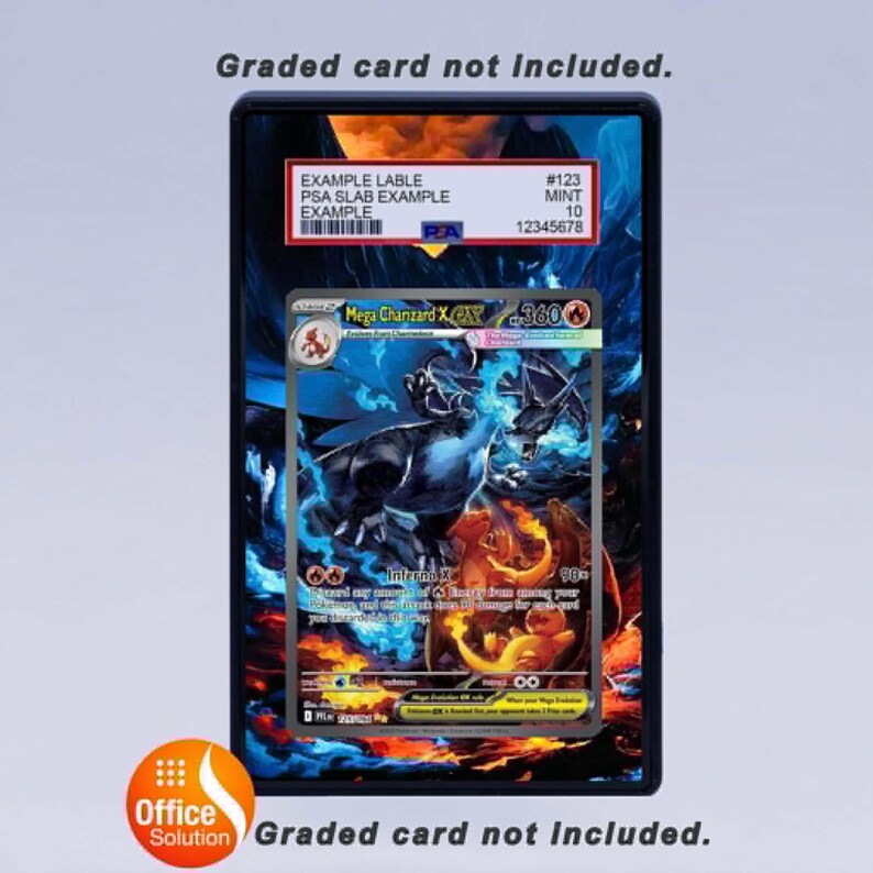 May include: A graded card holder with a Pokemon card featuring Mega Charizard X. The card is encased in a protective slab with a label and serial number. The holder has a black border and the text "Graded card not included."