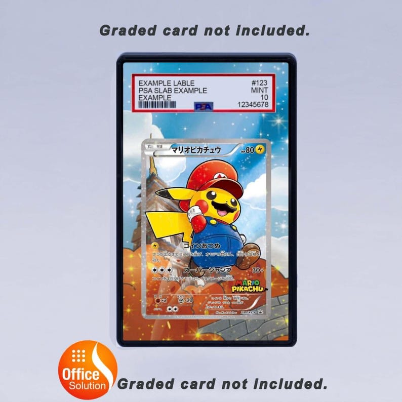 May include: A graded Pok&eacute;mon card featuring Pikachu dressed as Mario. The card is encased in a black protective slab with a PSA label. The card's text includes Japanese characters and the words "MARIO PIKACHU". The image also includes the text "Graded card not included."
