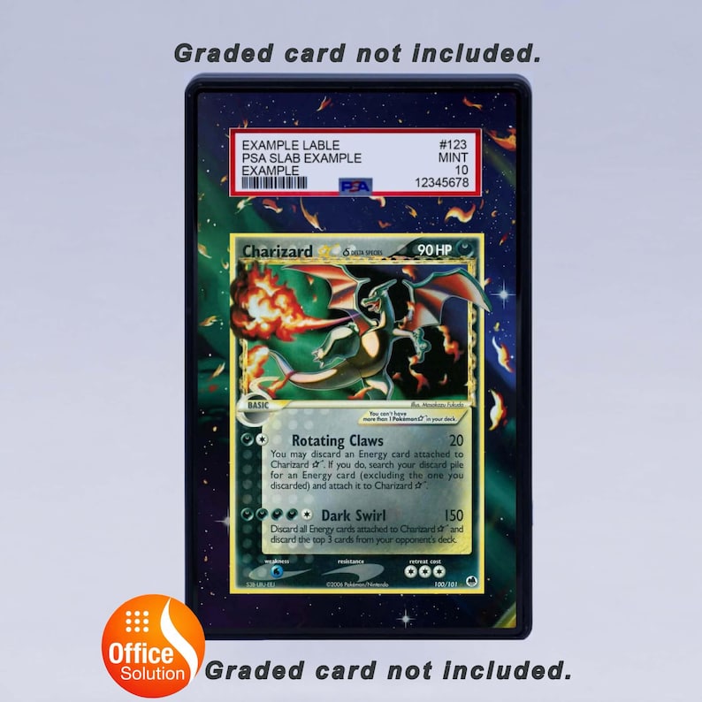 May include: A graded Charizard Pok&eacute;mon card in a protective case. The card features a fiery dragon illustration and text including "Rotating Claws" and "Dark Swirl". The case has a label with example information and a PSA grade.