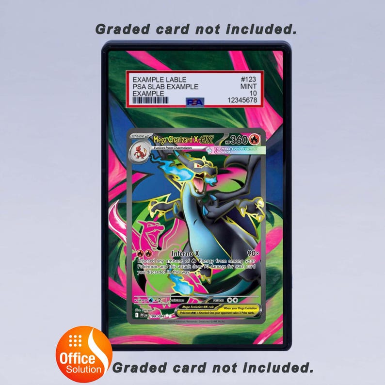 May include: A graded card holder with a Pok&eacute;mon trading card featuring Mega Charizard X EX. The card has a colorful design with a dragon illustration and the text "Inferno X". The holder includes a label with example information.