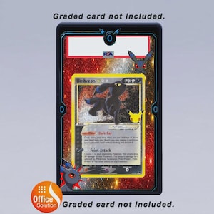 May include: A Pok&eacute;mon trading card featuring Umbreon, a dark-type Pok&eacute;mon, inside a protective case. The card has a black and yellow design with the text "Umbreon" and "70 HP". The case has decorative stickers of Pok&eacute;mon characters.