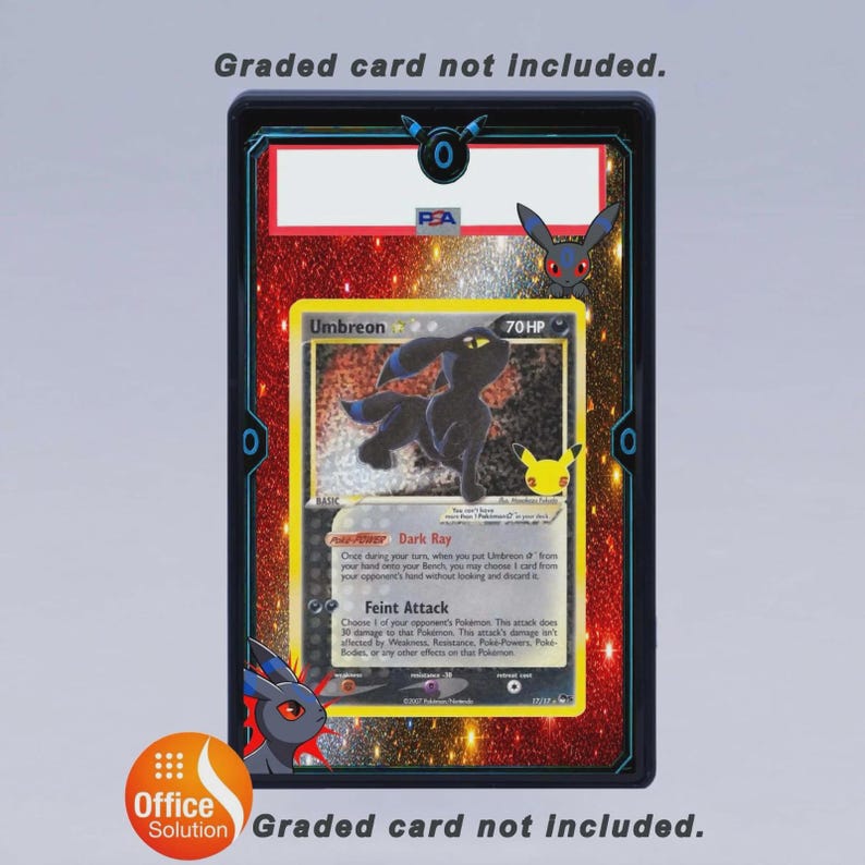 May include: A Pok&eacute;mon trading card featuring Umbreon, a dark-type Pok&eacute;mon, inside a protective case. The card has a black and yellow design with the text "Umbreon" and "70 HP". The case has decorative stickers of Pok&eacute;mon characters.