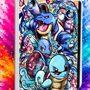 May include: A rectangular binder featuring a vibrant graphic illustration of three blue turtle-like creatures in various stages of evolution, surrounded by stylized water waves, pink cherry blossoms, and a Poké Ball against a colorful paint splatter background.
