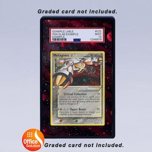 May include: A graded card holder with a Pokemon Metagross card inside. The card has a silver, yellow, and white design. The holder has a red and black speckled background. The text "Graded card not included" is visible.