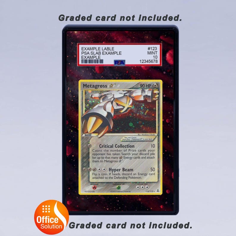 May include: A graded card holder with a Pokemon Metagross card inside. The card has a silver, yellow, and white design. The holder has a red and black speckled background. The text "Graded card not included" is visible.