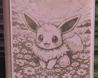 Eevee in a Field of Flowers Laser Engrave Ringless Zipper Binder 4-9-12 Slot Pocket Binder Pokemon