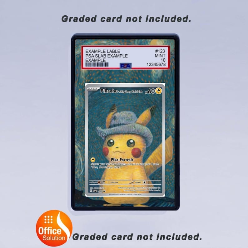 May include: A graded card holder with a Pikachu card inside. The Pikachu card features a yellow character wearing a gray hat, with the text "Pika-Portrait". The holder has a black frame and includes the text "EXAMPLE LABLE" and "#123 MINT 10".