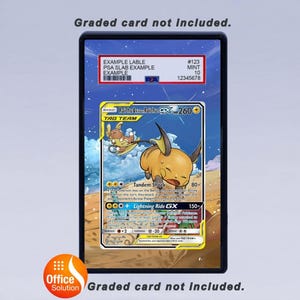 May include: A graded Pok&eacute;mon trading card featuring Raichu & Raichu GX, with the text "TAG TEAM". The card is encased in a black holder with a PSA label, displaying a grade of 10 and the text "EXAMPLE LABLE".