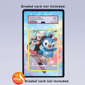 May include: A framed Pok&eacute;mon trading card featuring Piplup and a trainer. The card is in a protective case with a label showing example details and a PSA grade. The background is a light blue and white gradient.