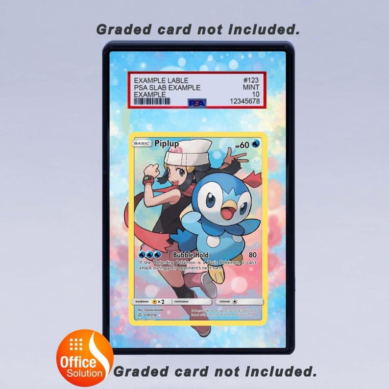 May include: A framed Pok&eacute;mon trading card featuring Piplup and a trainer. The card is in a protective case with a label showing example details and a PSA grade. The background is a light blue and white gradient.