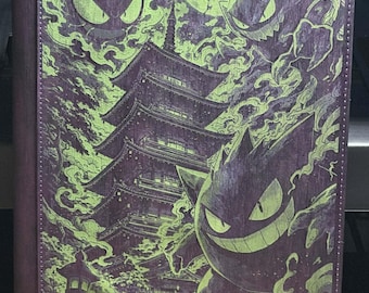 Gengar at the Pokemon Tower Purple and Green Laser Engrave Ringless Zipper Binder 9 Slot Pocket Binder Pokemon