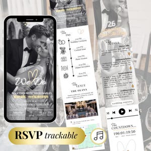 May include: A digital wedding invitation on a smartphone screen, featuring a couple kissing. The invitation includes event details, a schedule, and RSVP information. The design is elegant with gold accents and a countdown timer.
