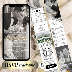 Könnte beinhalten: Eine digitale Hochzeitseinladung auf einem Smartphone, die ein Schwarz-Weiß-Foto eines Paares zeigt. Die Einladung enthält Details wie Veranstaltungsort, Datum und RSVP-Informationen. Der Text "RSVP trackable" ist ebenfalls sichtbar.