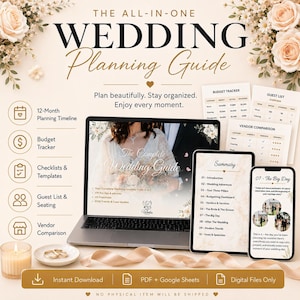 May include: A digital wedding planning guide displayed on a laptop, tablet, and smartphone, featuring a 12-month timeline, budget tracker, guest list, and vendor comparison. The text reads The All-In-One Wedding Planning Guide and includes PDF and Google Sheets icons.