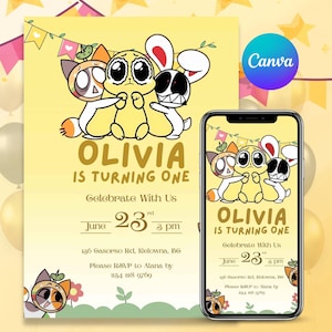 May include: A yellow birthday invitation with cartoon characters and the text "OLIVIA IS TURNING ONE." The invitation includes the date, time, and RSVP information. A smartphone displays the same design.