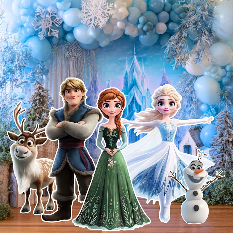 May include: A colorful image featuring characters from the animated movie "Frozen." The characters include Anna, Elsa, Kristoff, Olaf, and Sven, set against a backdrop of a winter scene with a castle and balloons.