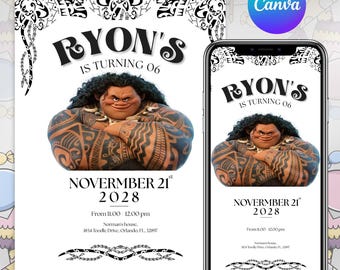 Moana birthday party Invitation,Hawaiian Kids Party Template, Kids Theme Party Digital Birthday Invite, Canva Editable template