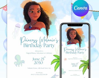 Bearbeitbare Moana-Geburtstagseinladung, Hawaii-Kinderparty, Moana einladen, Kinder-Themenparty-Digital-Geburtstag einladen, Canva bearbeitbare Vorlage