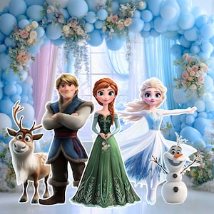 May include: A colorful image featuring characters from the animated movie Frozen. The characters include Anna, Elsa, Kristoff, Olaf, and Sven, set against a backdrop of blue balloons and floral decorations. The characters are in full color and are standing in front of a window.