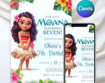 Editable Moana 7th Birthday Invitation,Hawaiian Kids Party, Moana Invite, Kids Theme Party Digital Birthday Invite, Canva Editable template