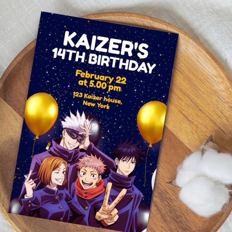 May include: A navy blue birthday invitation with the text "KAIZER'S 14TH BIRTHDAY" and event details. The invitation features a group of anime characters, gold balloons, and a starry background.