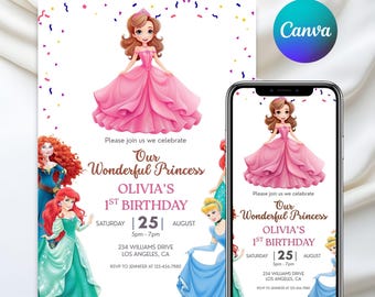 Invitación de cumpleaños de princesa, plantilla de cumpleaños de princesa, fiesta temática de princesa, invitación de princesa, plantilla editable de Canva