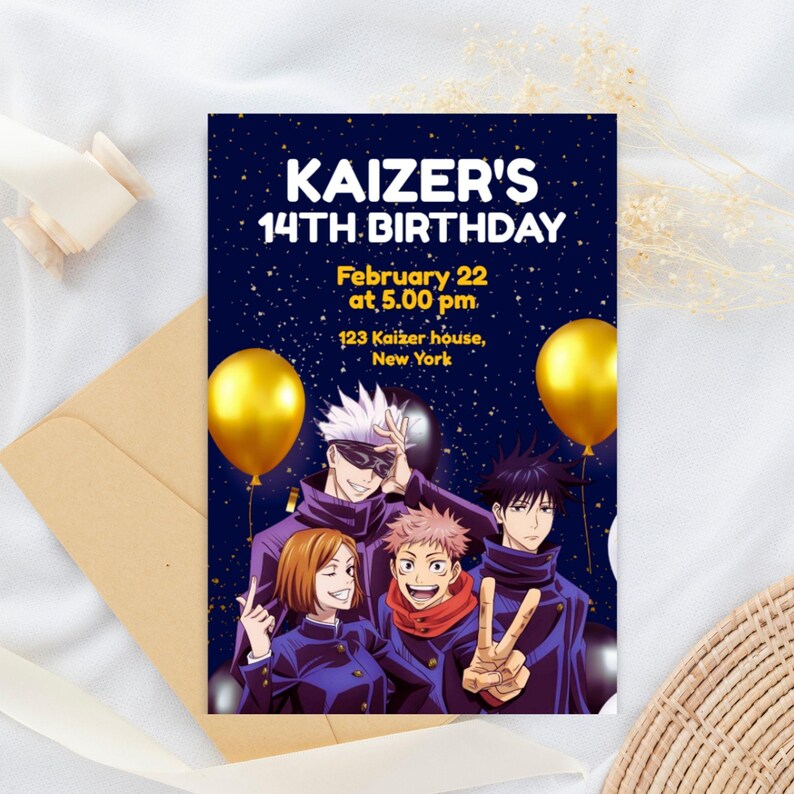 May include: A navy blue birthday invitation with the text "KAIZER'S 14TH BIRTHDAY" and event details. The invitation features an anime-style illustration of four characters, gold balloons, and a starry background.