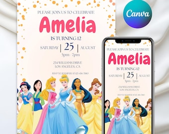 Invitación a fiesta de princesas, invitación de cumpleaños de niña, invitación a fiesta de princesas, plantilla editable de Canva