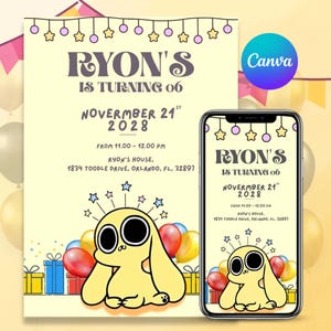 May include: A birthday invitation with the text "RYON'S IS TURNING 06" and event details. The design features a yellow cartoon character, balloons, and gift boxes. A smartphone displays the same invitation.