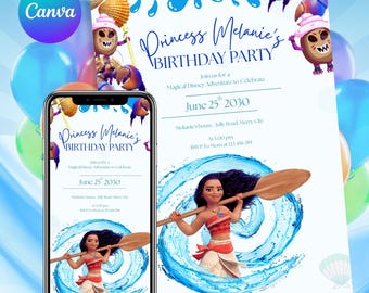 Moana birthday Party printable Invitation,Hawaiian Kids Party Template, Kids Theme Party Digital Birthday Invite, Canva Editable template