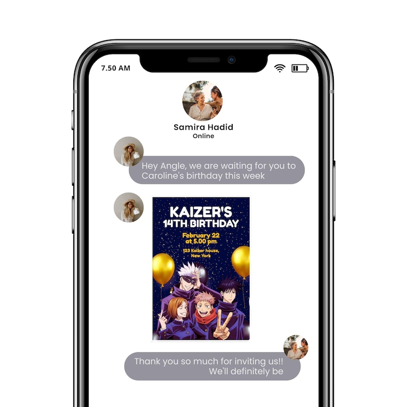 May include: A smartphone screen displays a birthday invitation for Kaizer's 14th birthday on February 22nd at 5:00 PM in New York. The invitation features anime characters, gold balloons, and the text "KAIZER'S 14TH BIRTHDAY".