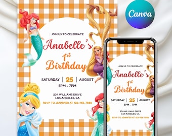 Invitación de cumpleaños de princesa, invitación de princesa niña, plantilla de cumpleaños, fiesta temática de princesa, invitación de princesa, plantilla editable de Canva