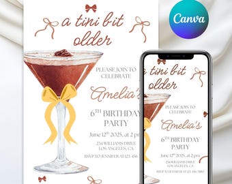 Zaproszenie na urodziny A Tini Bit Older, zaproszenie na Martini dla dorosłych, zaproszenie na Espresso Martini, urodziny Coquette, edytowalny szablon Canva
