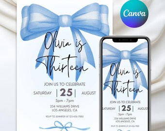 Watercolor blue bow birthday invitation, elegant coquette birthday invite, girl birthday party blue ribbon, Canva Template, Digital Download