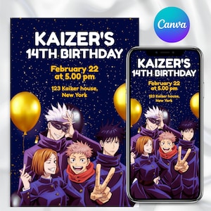 May include: A birthday invitation featuring anime characters, gold balloons, and the text "KAIZER'S 14TH BIRTHDAY" with date, time, and location details. The design is set against a dark blue starry background.