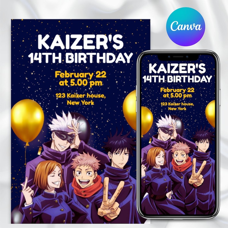 May include: A birthday invitation featuring anime characters, gold balloons, and the text "KAIZER'S 14TH BIRTHDAY" with date, time, and location details. The design is set against a dark blue starry background.