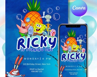 Editable Under the Sea sponge Birthday Party, Sponge Cake Birthday Invitation Template, Sponge bob invite, Canva Editable template